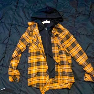 orange flannel with inner black hoodie